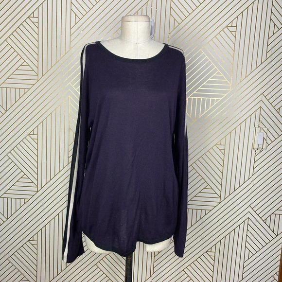 Kokun Back Slit Pop‎ Stripe Crew Neck Bamboo Cashmere Sweater Purple Size Large - Picture 2 of 12